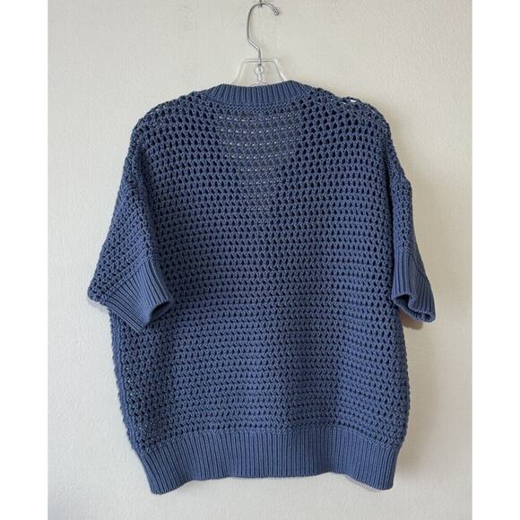 Haven Well Within Sweater Size Medium Blue Crochet Knit Knot Stitch Henley - Picture 2 of 8
